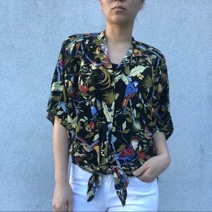 Bold Tropical Print Pleated Short Sleeve